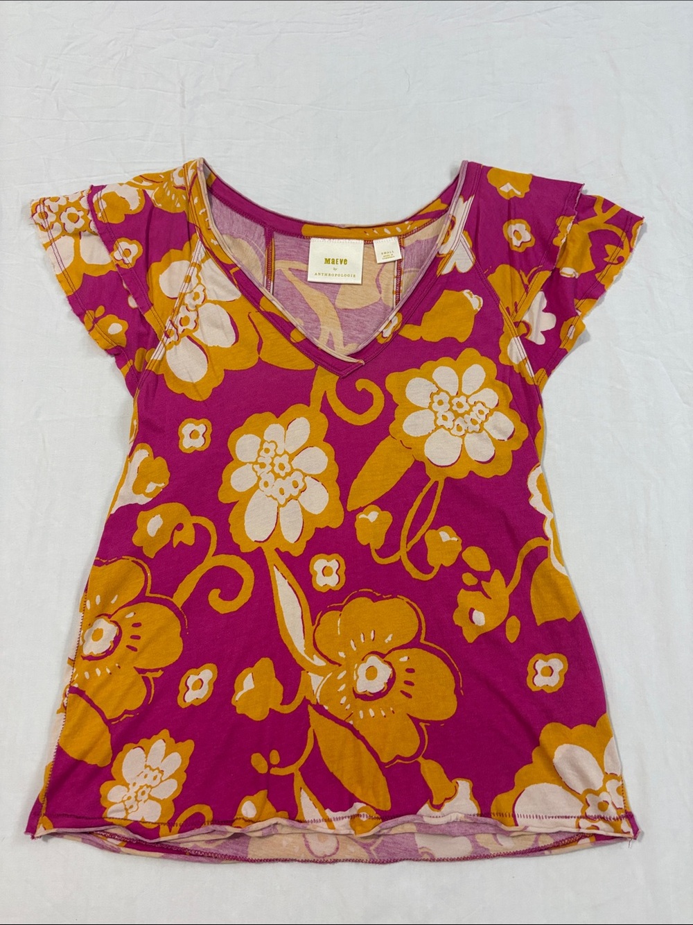 Maeve by Anthropologie Magenta Pink and Mustard Floral V-neck Top